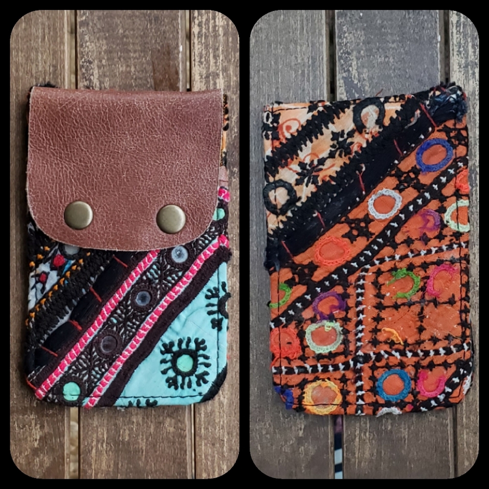 🍳🧠 Free People Boho Embroidered Repurposed vtg banjara hippie Wallet card case